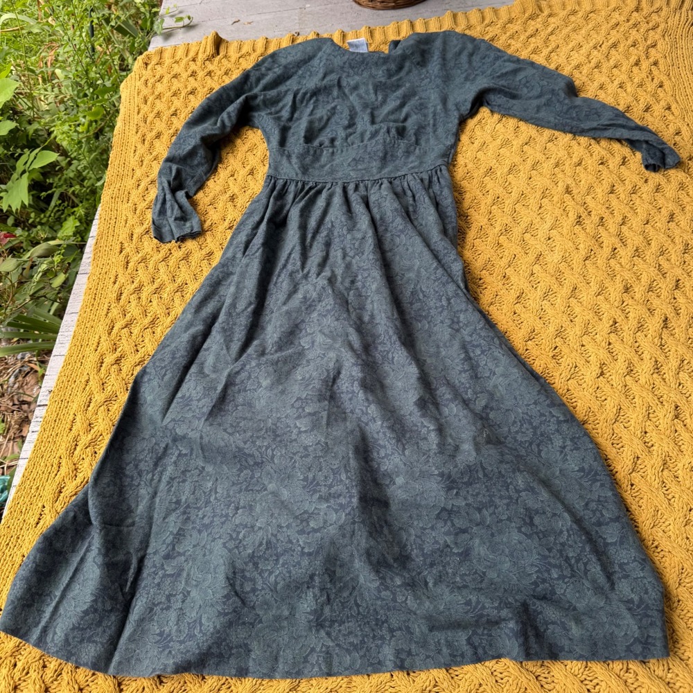 Vintage Laura Ashley Green Floral Cotton Wool Dress 90s Cottagecore UK 12 USA 10